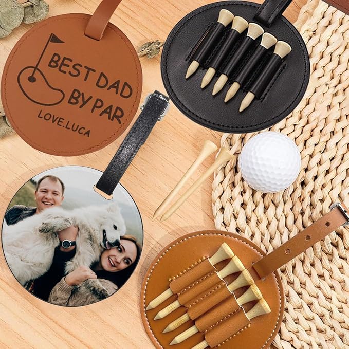 Custom Leather Golf Tee Holder Personalized Photo Logo Pattern Customized Split Name Golf Bag Tag Organizer Tees Cover, Accessories Gift for Golfers Men Women Father Dad Grandpa Uncle, Birthday