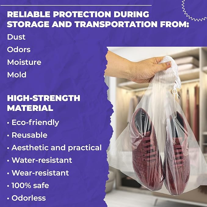 Clear Drawstring Bag, 12 x 18 Inches. Pack of 100 Clear Plastic Drawstring Bags. Waterproof 2 Mil Polyethylene Travel Bags for Shoes. Transparent Draw String Bag for Cosmetics, Toiletries