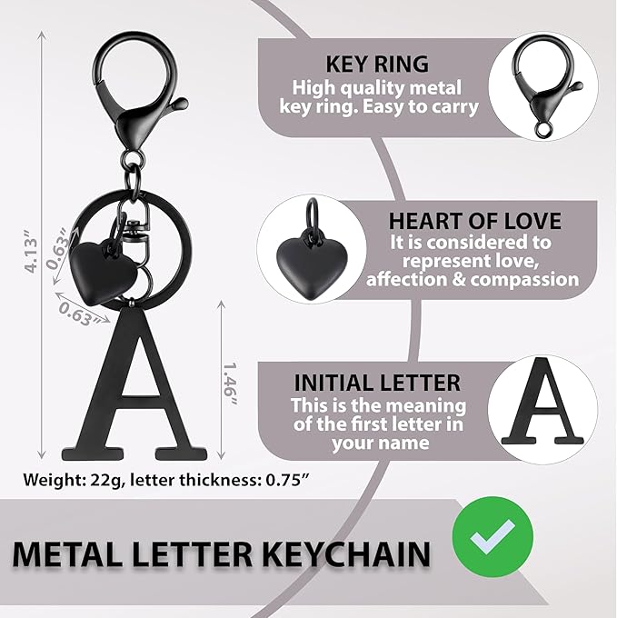 Metal Heart Alphabet Keychain for Women, Girls - Cute Initial Letter Accessories for Purse, Bag Charms and Backpack