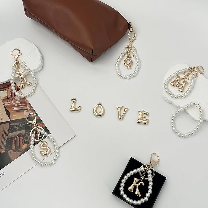 Gold Bubble Heart, Cherry, Bow & More Designs Letter Initial Keychain Bag Charms – Cute Purse Charms for Handbags