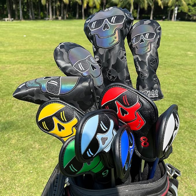Large Skeleton Golf Club Covers, Iron Covers 10pcs/ Set, Leather Golf Iron Club Head Cover Headcover Set for Men fits Mizuno, Ping, Taylormade All Brand
