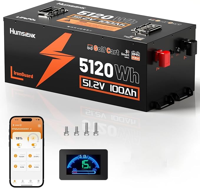 48V 100Ah Golf Cart Battery with Cylindrical Cell & Metal Casing, LiFePO4 Lithium Battery with Bluetooth APP & LCD Monitor, 15000+ Cycles, 200A BMS with Low-Temp Protection for Golf Carts