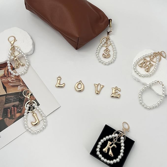 Gold Bubble Heart, Cherry, Bow & More Designs Letter Initial Keychain Bag Charms – Cute Purse Charms for Handbags
