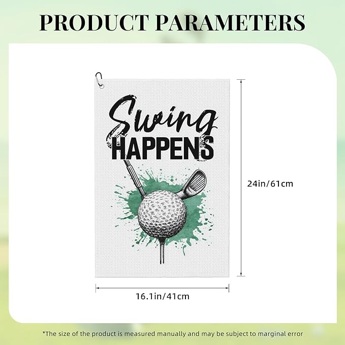 Swing Happens Printed Funny Golf Towel with Carabiner Clip 24"x16" Cute White Golf Towels for Golf Bags Microfiber Waffle Golfs Rag for Disc Balls Clubs Golfs Accessories for Men Women Dad Husband