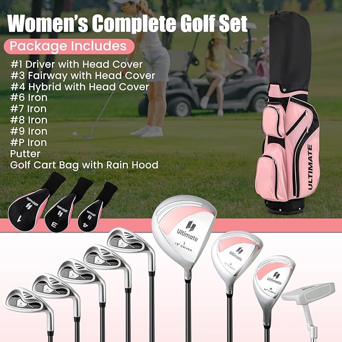 Tangkula 9/10/12 Pieces Women's Complete Golf Clubs Set, Golf Club Package Set with 460CC Driver, Fairway Wood & Hybrid, Irons, Putter, Portable Regular Golf Club Set