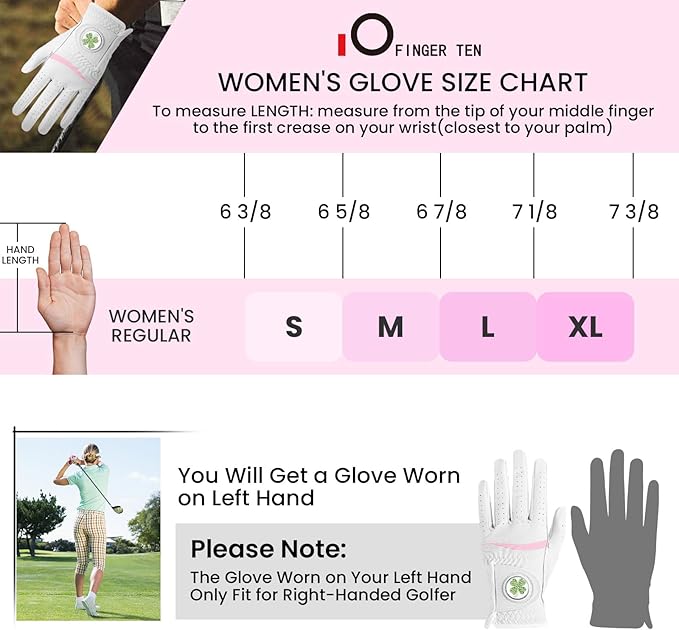 Womens Golf Glove with Clover Ball Marker 1 Pack, All Weather Grip Microfiber & Leather Gloves for Ladies, Comfortable Breathable Fit for Left Hand or Right Hand in White Pink