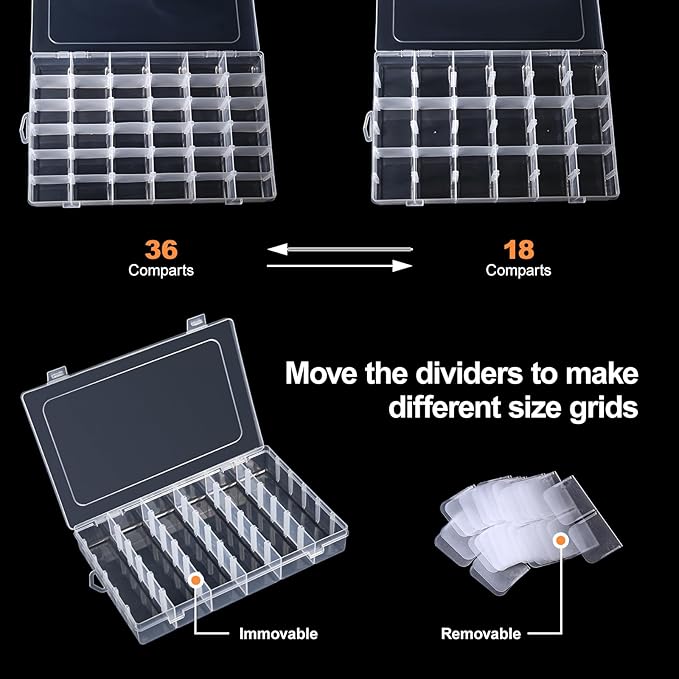 Gospire 2PCS 36 Grids Clear Plastic Jewelry Box Organizer Storage Container with Removable Dividers