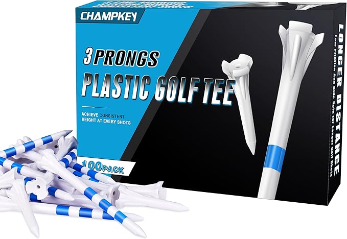 CHAHMPKEY Premium 3-Prong Plastic Golf Tees 3-1/4" 120 or 100 Pack- 40% Reduced Ball Contact with High Stability and Long Distance Performance Golf Tees Plastic