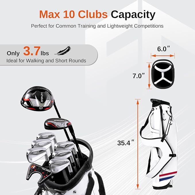 Lightweight Golf Stand Bag, 4-Way Full-Length Dividers, Holds Up to 10 Clubs, 3.7 lbs Golf Bag with Dual Straps & Stand for Driving Range, Par 3, and Standard Courses