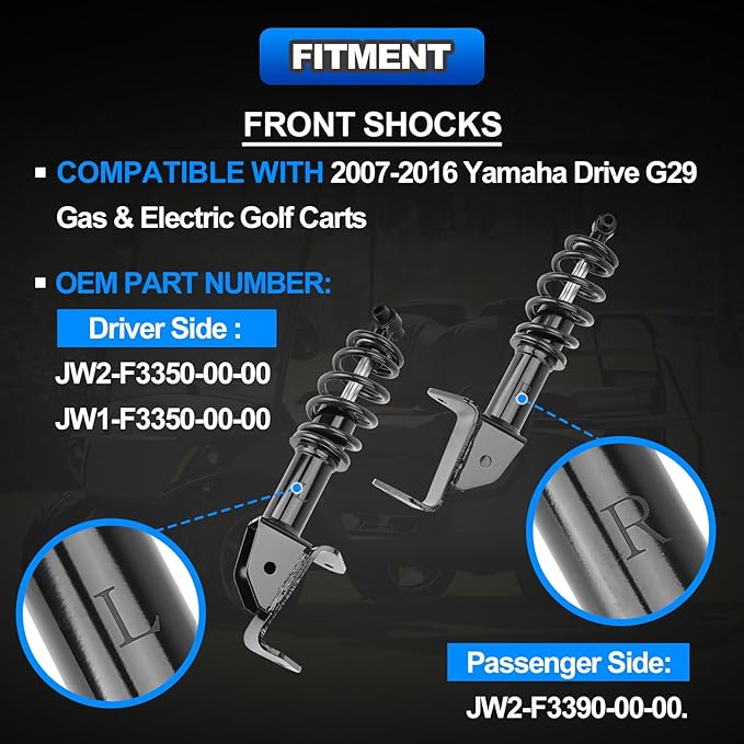 Front Golf Cart Shock Absorbers Heavy Duty with Springs Compatible with 2007-2016 Yamaha Drive G29 Gas & Electric Golf Carts Passenger and Driver Side Replace# JW2-F3390-00-00 JW2-F3350-00（BLACK）