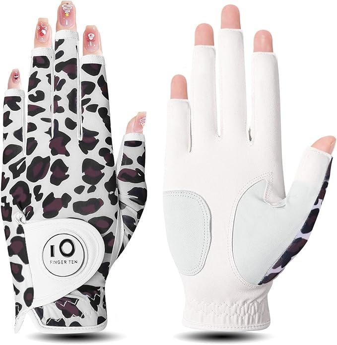 FINGER TEN Stylish Golf Gloves Women with Ball Marker 1 Pack for Left or Right Hand, Breathable Glove with Fashion Patterns for Ladies Right Left Handed Golfer