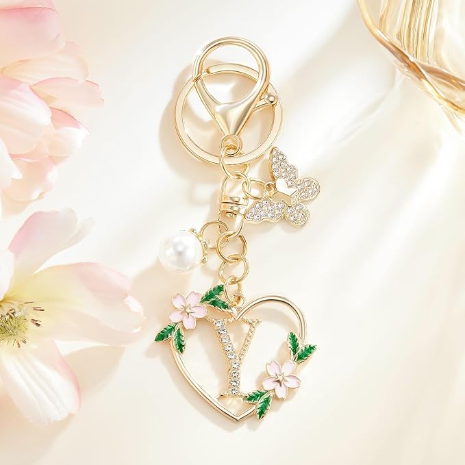 Gold Heart Initial Letter Keychain for Women Key chain Keyring for Purse Handbags Backpack Charm