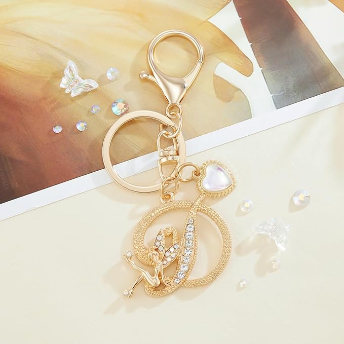 Gold Plated Alphabet Initial Letter Keyring Keychain for Women Girls Crystal Key Chains for Wallet Backpack Bag Charm