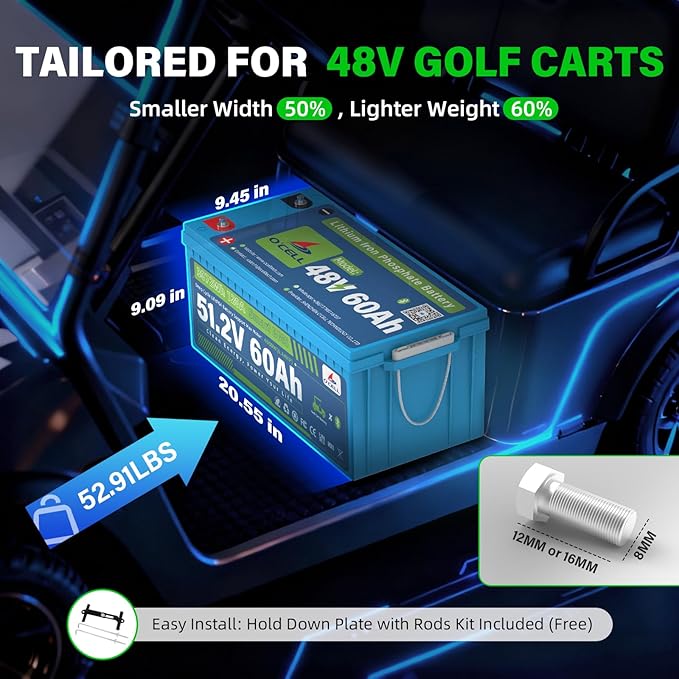 48V (58.4V) 60Ah LiFePO4 Golf Cart Battery with Mounting Bracket, 38.4V 4.8kW Lithium Iron 120A BMS, Bluetooth/LCD, 58.4V 15A IP67 Charger - 10 Year Lifespan Fit Club Car, EZ-GO, Trolling Motors