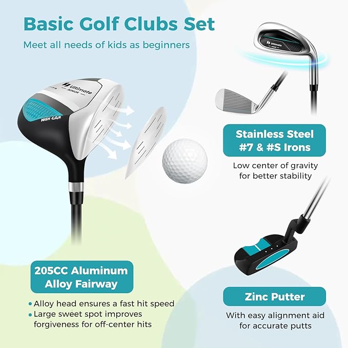 Goplus Junior Complete Golf Club Set for Kids, Right Hand Golf Clubs with Stand Bag, Rain Hood, Golf Practice Set for Ages 5-7,8-10,11-13 Boys Girls