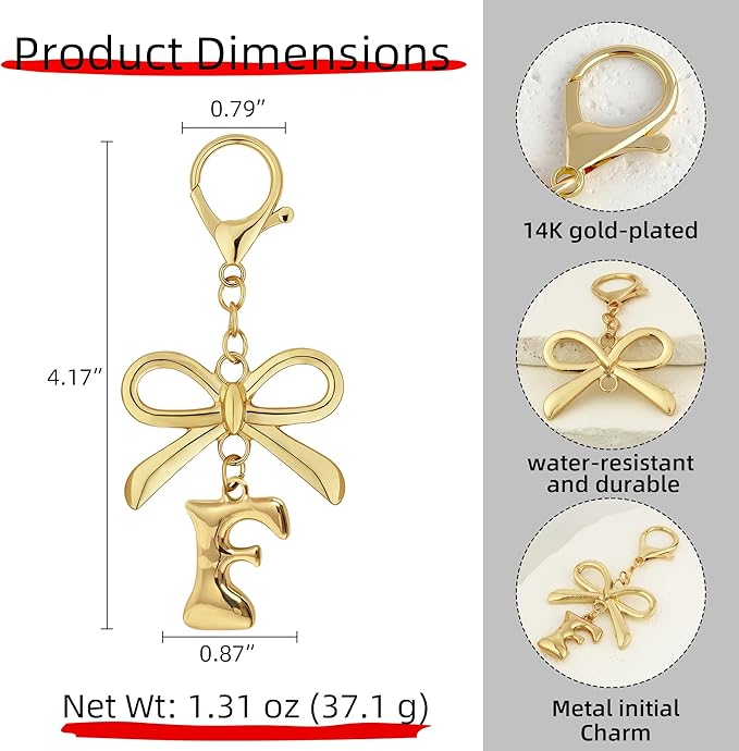 Gold Bubble Heart, Cherry, Bow & More Designs Letter Initial Keychain Bag Charms – Cute Purse Charms for Handbags