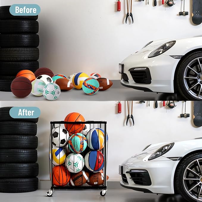 TomCare Garage Ball Rolling Storage Rack Large Capacity Basketball Holder with Elastic Rope [Hold 12-15 Balls][Easy to Take] Garage Sports Equipment Organizer cart with Wheels for Home, Outdoor Use