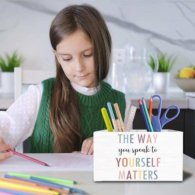 Boho Mental Health Pen Holder for Desk, Psychology Gifts Pencil Organizer, The Way You Speak to Yourself Matters Wooden Box Sign Desk Decor for Therapy Office Classroom Decoration