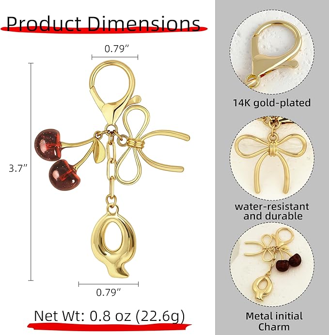 Gold Bubble Heart, Cherry, Bow & More Designs Letter Initial Keychain Bag Charms – Cute Purse Charms for Handbags