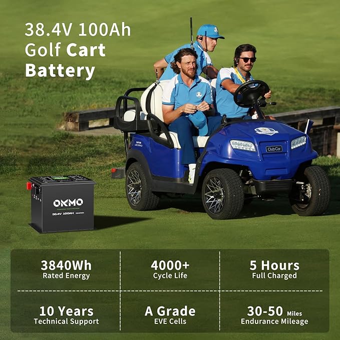 OKMO 36V 100Ah Lithium Golf Cart Battery Built-in Smart 250A BMS with 43.8V 22A Battery Charger APP Supported 4000+ Cycles