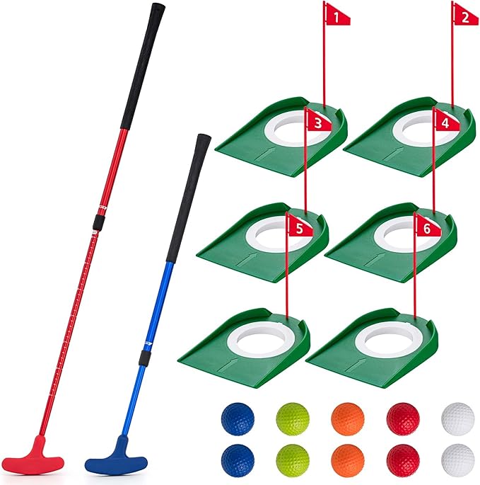 Lenwen Mini Golf Putting Set Include 2 Golf Putter Adjustable Length 2 Way for Right or Left Handed Golfers 10 Practice Balls 6 Putting Cup with Flags for Kids Indoor Gift Office Tournament