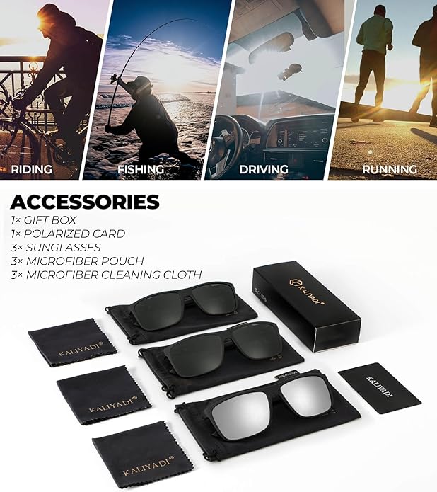 KALIYADI Polarized Sunglasses for Men and Women, Mens Sun Glasses with UV Protection for Driving Fishing Golf (3 Packs)