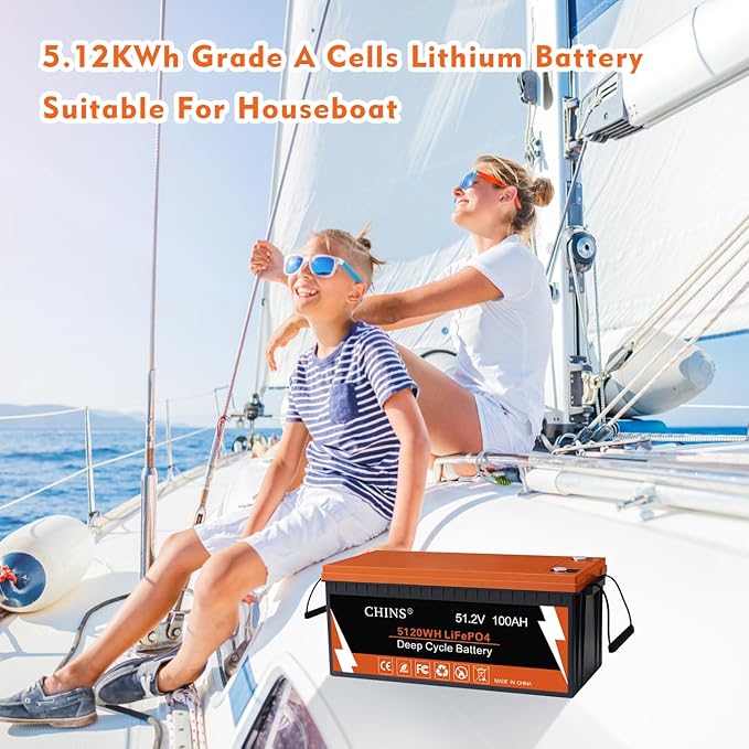 CHINS 48V 100AH LiFePO4 Lithium Battery, Built in 200A BMS with 10 Yrs Lifespan, Perfect for Golf Cart, Trolling Motor, Solar System, RV, Marine