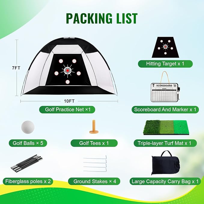 Golf Net 10x7ft, Golf Practice Net for Backyard with 5 Target Holes & Bullseye All-in-One Golf Hitting Net Kit with 3-Turf Mat for Indoor/Outdoor Swing & Chipping Training