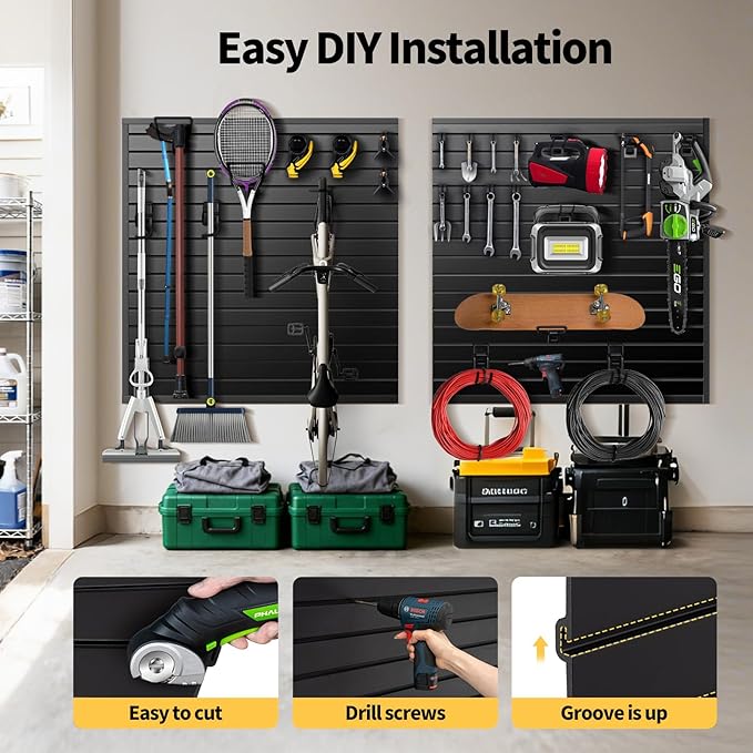 Slat Wall Panels 8x4 ft, Heavy-Duty PVC Garage Slatwall Panel with Trim & Screws, Interlocking Black Wall Panels, Garage Wall Organizer Slat Board PVC Wall Panel for Tools and Sports Equipment Storage