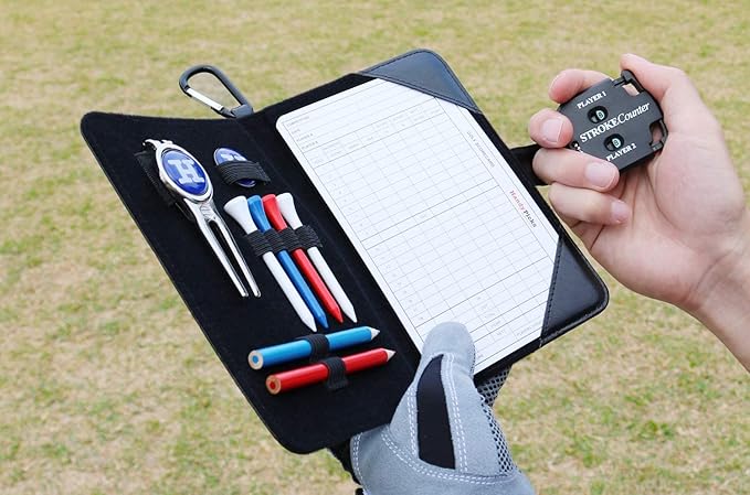 Handy Picks Golf Scorecard Holder n Yardage Book Cover in Genuine Leather - Divot Repair Tool, Ball Marker, Golf Tees, Pencil n Scorecards, Scorer Included, Gift for Golfers