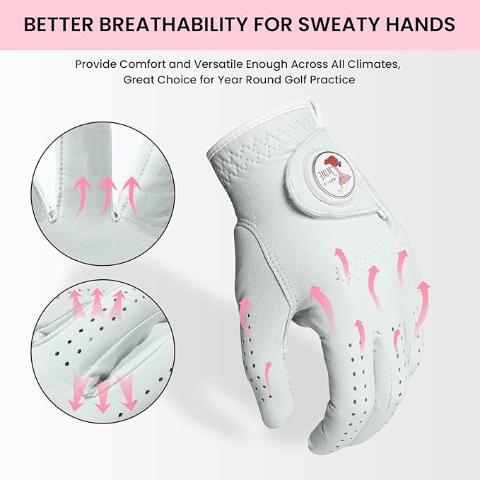 FINGER TEN Golf Gloves Women All Premium Cabretta Leather 1 Pack, Soft Comfortable & Breathable Grip Glove with Ball Marker Left Hand for Right Handed Golfer