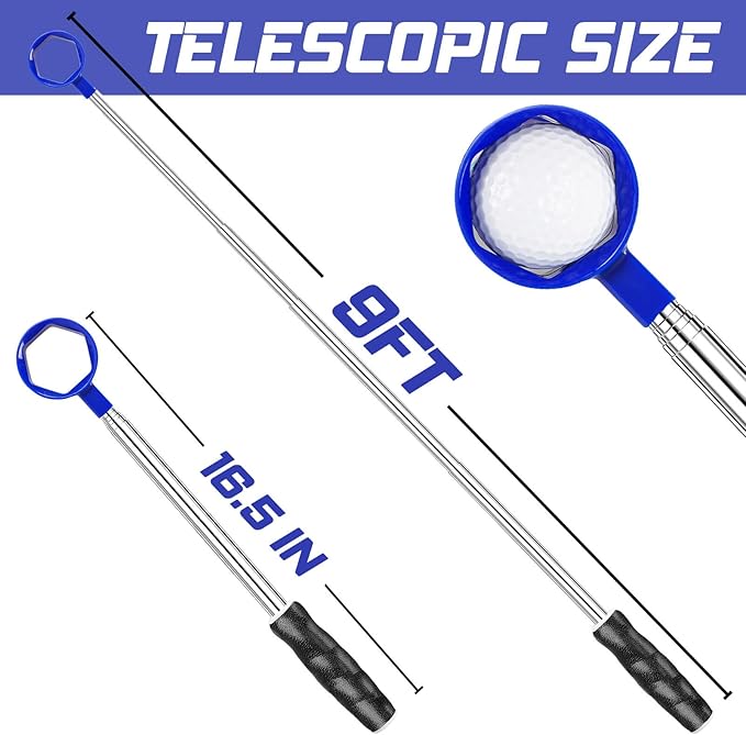 Golf Ball Retriever Telescopic 9FT – Stainless Steel Shaft, Unbreakable Nylon Head Retriever for Water, Golf Accessories & Ideal Gift for Men