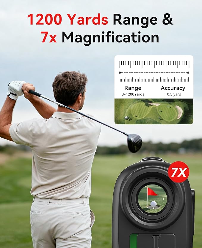 Range Finder Golf, 1200 Yards Rangefinder with Slope, Magnetic Stripe, 7X Magnification, IP54 Water Resistant, Rechargeable Battery, Flag Pole Locking Vibration, Golf Accessories for Men Women