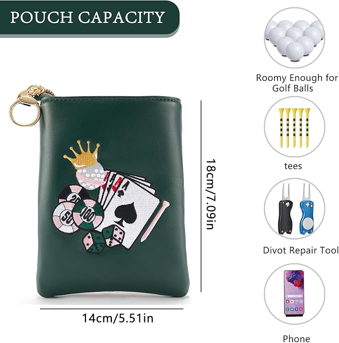 PINKTEE Golf Valuables Pouch Funny Golf Accessories Bag with Zipper Master Green Premiun Leather Golf Tee/Ball Pouch for Women Men (CASINO QUEEN, Pink stripe)