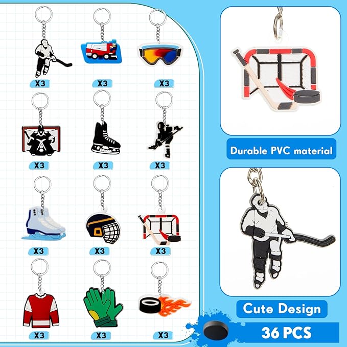 Batiyeer 36 Pack Hockey Keychains Bulk Party Favors Sports Ball Key Chains Funny Keyring Gifts for Women Men Birthday Supplies
