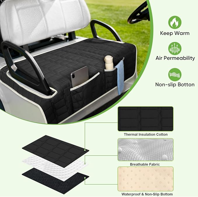 Golf Cart Seat Cover, Universal Bench Seat Cover with Storage Pockets, Non-Slip Seat Protector for Golf Cart, Fits EZGO Club Car Yamaha, Easy Install