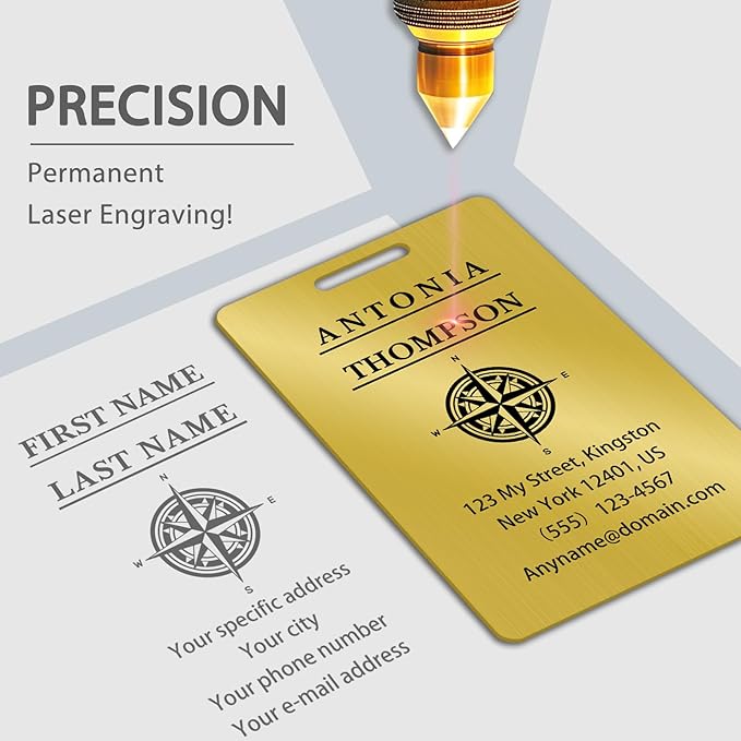 Custom Stainless Steel Luggage Tags (2 Pack) - Personalized Laser Engraved Luggage Tag, Waterproof Durable, for Bags, Backpack Travel, Suitcases (Gold)
