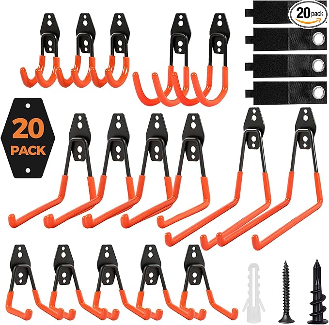 Garage Hooks Heavy Duty - 20 Pack Garage Wall Hangers with Anti-Slip Coating for Hanging Bikes Ladders Garden Tools Orange