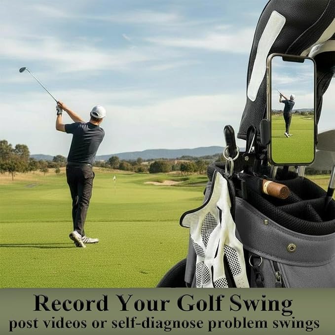 Golf Bag Phone Holder, Phone Caddy for Golf Cart Record Your Golf Swinging Two 360°Fully Adjustable Golf Cart Phone Mount Clip with Golf Glove Holder for Fishing Grilling Riding Golf Gifts for Men