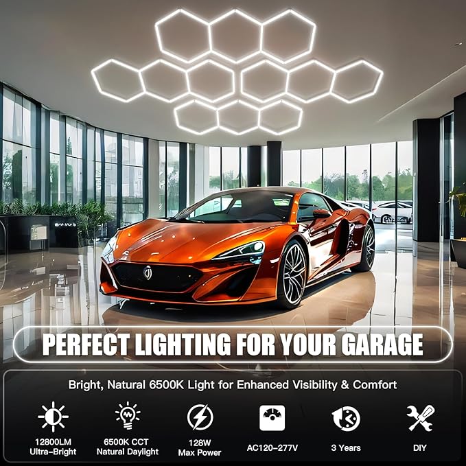 JTT Hexagon Garage Lights,16Pack 128W LED Garage Hexagon Lights,3 Grids 6500K Super Bright Car Detailing Ceiling LED Shop Light for Warehouse Workshop Gym Exhibition Hall Basement Car Care