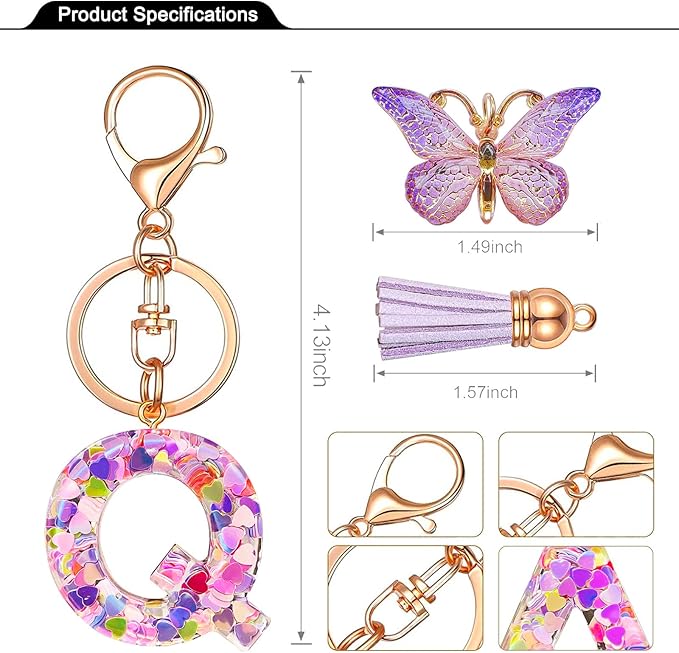 JINGUAZI Initial letter Keychains for Women Tassel Butterfly Pink Purple Cute Car Keychain for Wallet Backpack bag charm