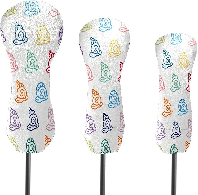 3 Pack PU Leather Golf Club Head Covers - Driver, Fairway Wood & Hybrid, Funny Golf Accessories, Ideal Golf Gift Colorful Line Seashell