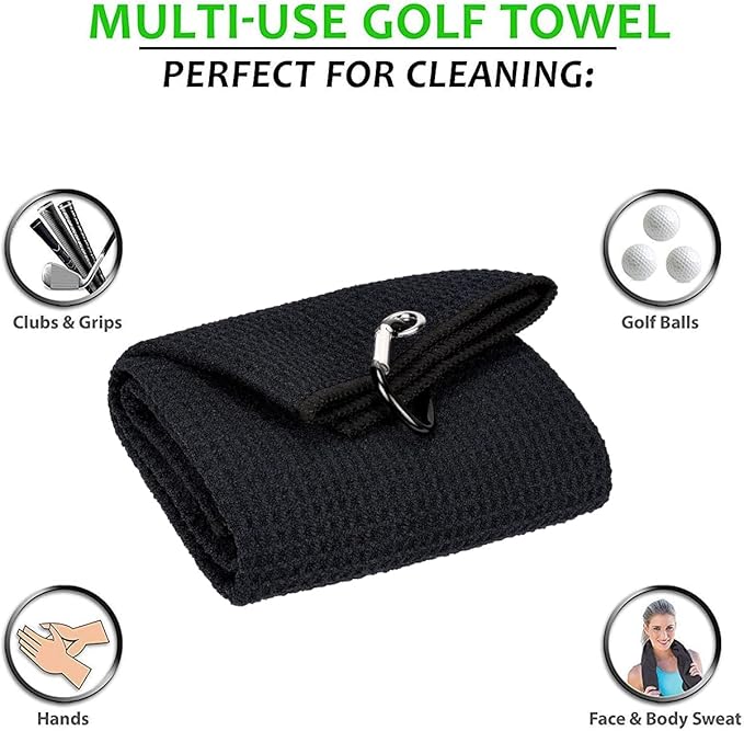 Golf Towels, Microfiber Waffle Pattern Tri-fold Golf Towel - Brush Tool Kit with Club Groove Cleaner, with Clip Men Women Golf Gifts (Black Towel+Black Brush)