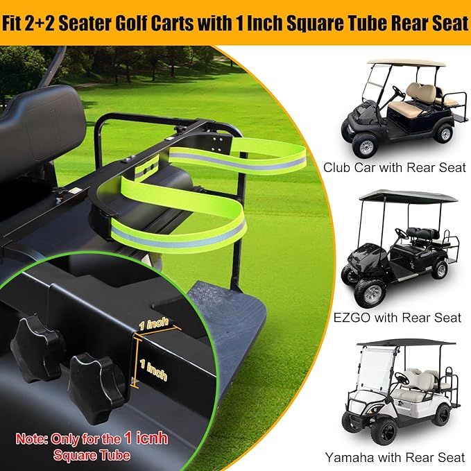 No Drilling Golf Cart Bag Holder Bracket for 2+2 Golf Cart Rear Seat with 1 Inch Square Tube, Universal Golf Bag Attachment Adjustable for EZGO Club Car Yamaha Golf Carts