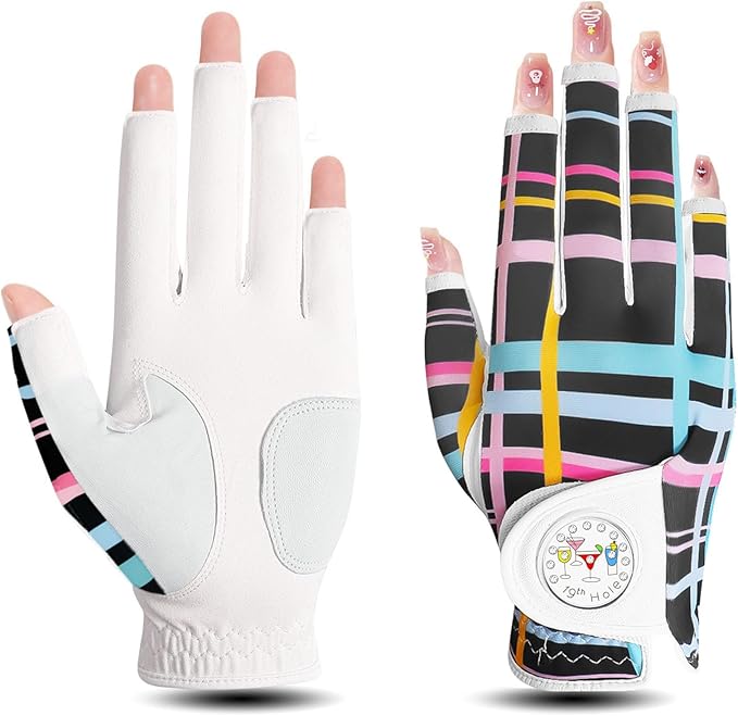 FINGER TEN Stylish Golf Gloves Women with Ball Marker 1 Pack for Left or Right Hand, Breathable Glove with Fashion Patterns for Ladies Right Left Handed Golfer