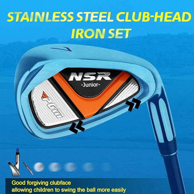 PGM Golf Club Set - 9 Pieces Junior Complete Golf Club Set for Kids Children - Right Handed - Driver(#1), Hybrid, Iron(#7,#9,#S), Putter, Golf Stand Bag