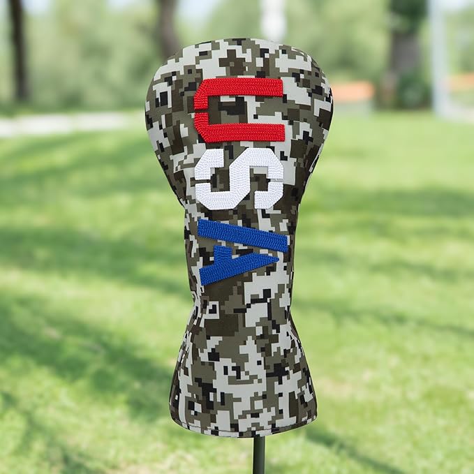 Golf Club Head Covers, Camouflage USA Design Golf Driver Covers, Fairway Wood and Hybrid Head Covers with Interchangeable Tags, Durable Canvas Material Golf Club Covers