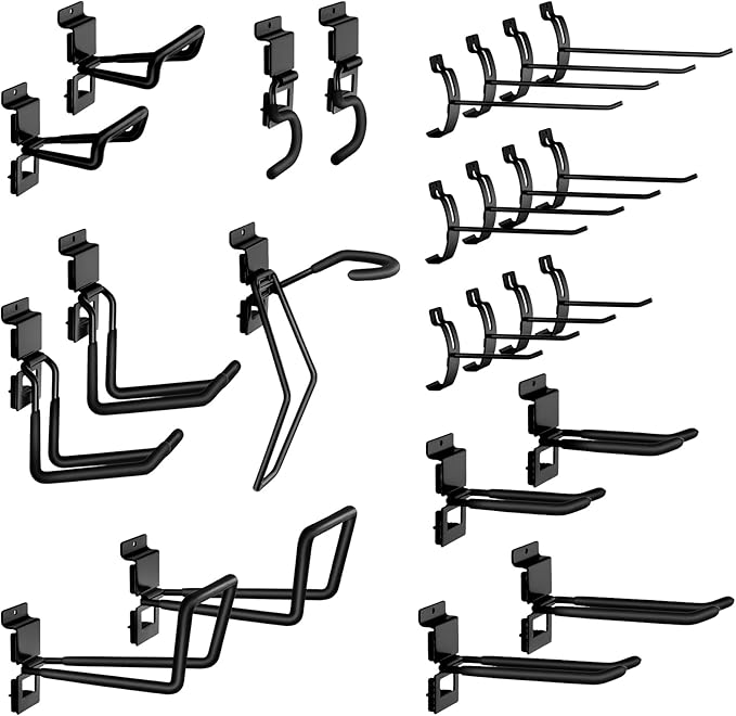 Slatwall Hooks 25 Pack, Heavy-Duty Metal Garage Slat Wall Hook Kit (10 Types), Rust-Resistant Storage Hooks for Tools, Ladders, Bikes & Garden Equipment, Fits Standard Slatwall Panels
