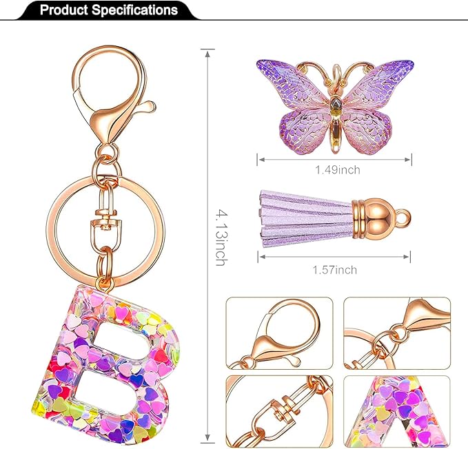 JINGUAZI Initial letter Keychains for Women Tassel Butterfly Pink Purple Cute Car Keychain for Wallet Backpack bag charm