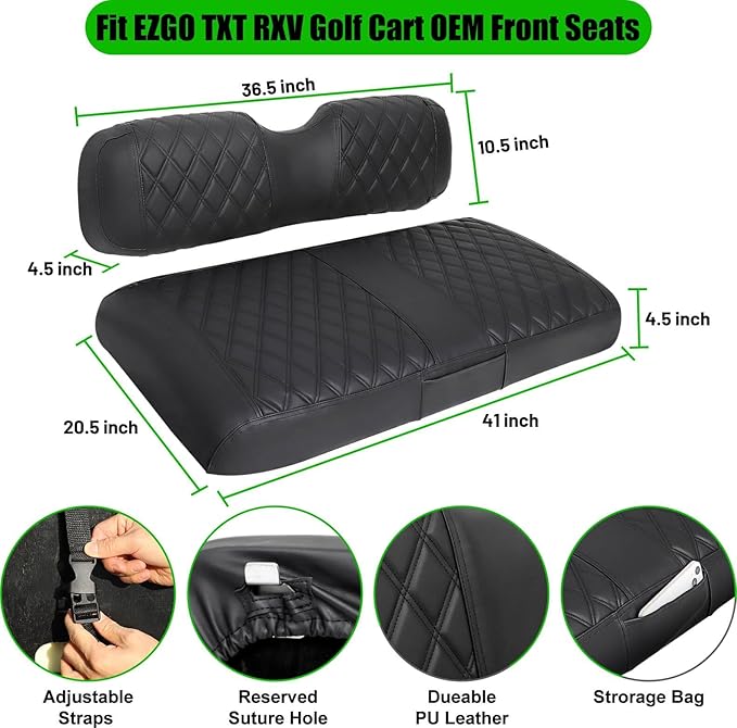 EZGO Seat Covers, Golf Cart Seat Covers for EZGO TXT 1994-2013 and EZGO RXV OEM Ordinary Seat Thick Marine Leather Custom Diamond Comfortable/Anti-Scratch/Anti-Fading/Easy to Install